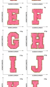 Size details of rose red chenille letter patches E to L with gold glitter borders