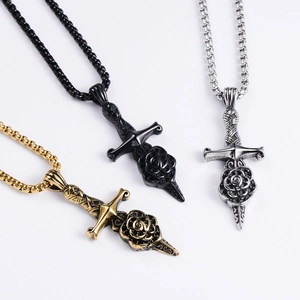 Sword and rose pendant necklaces in gold, black, and silver stainless steel set