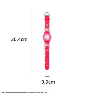 Detail of pink unicorn kids watch showing silicone strap with 3D cartoon patterns
