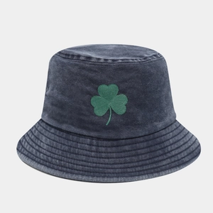 Dark gray washed denim bucket hat with green shamrock embroidery for St. Patrick's Day