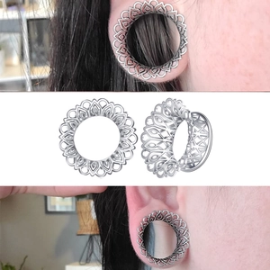 Ear Tunnel Gauge Electroplated Stainless Steel Hollow Mandala Flower Design Piercing Jewelry For Women Men Silver