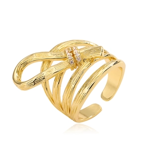 Irregular 18K gold plated bow-tie ring with sparkling crystal accents and layered wrap design