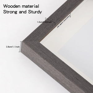Detail of grey wooden photo frame featuring strong 45-degree corner joints and grain
