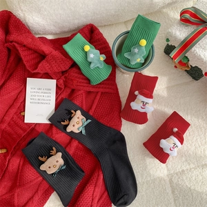 Detail of Christmas socks with 3D plush Santa, reindeer and tree on soft knit cotton