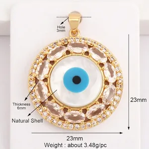 Detailed view of evil eye charm with dimensions showing size, thickness and weight