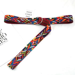 Ethnic style woven canvas belt with geometric pattern and double ring metal buckle