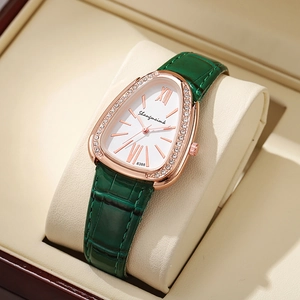Women Quartz Watch Elegant Snake Head Shape Rose Gold Case Rhinestone Bezel Crocodile Pattern Leather Strap Fashion