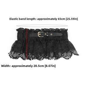 Detailed view of floral lace waist belt with central leather strap and gold metal buckle
