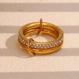 Detailed view of an 18K gold-plated double-layer ring featuring sparkling zircon pavé