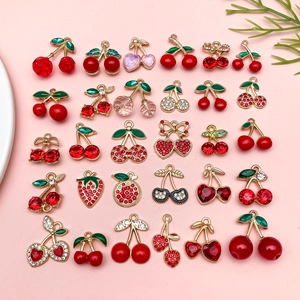 Cherry Strawberry Fruit Charms Zinc Alloy Enamel Rhinestone For DIY Jewelry Making Sweet Necklace Earring Pendants