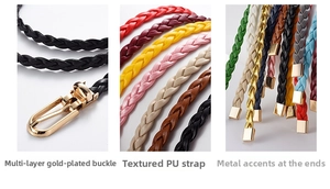 Detail of woven PU leather belt with gold-plated buckle and metallic end tip finishes