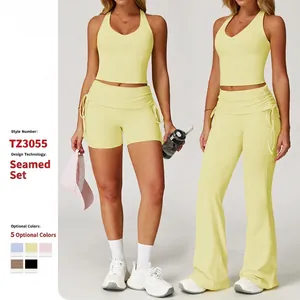 Women Halter V-Neck Yoga Set High Waist Ruched Flared Pants Nude Feel Sporty Fitness Gym Top And Bottom