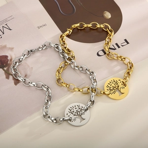 Hip hop style Tree of Life pendant necklace set in gold and silver stainless steel