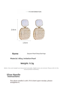 Detailed specs of square pearl enamel stud earrings with silver pins and alloy material