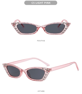 Dual view of light pink cat-eye sunglasses with rhinestone accents and dark gray lenses