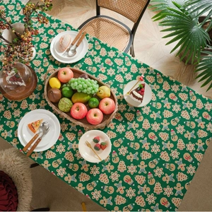 Green Christmas gingerbread man pattern cotton linen rectangular festive tablecloth
