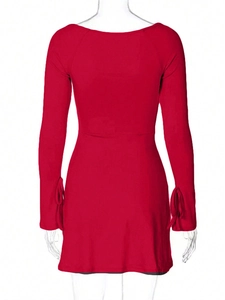 Detail of red square neck mini dress featuring adjustable drawstring cuffs and knitted fabric