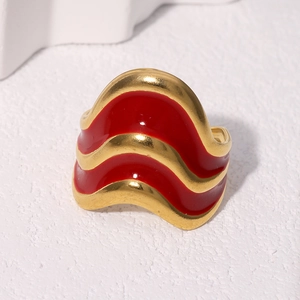 French vintage 18k gold plated stainless steel wave ring with red enamel finish