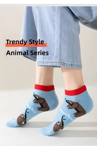 Close-up of light blue cotton socks with sloth patterns and Happy Time embroidery
