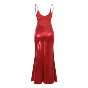 Robe longue rouge dos nu satinée et moulante au fini métallique pour soirée chic