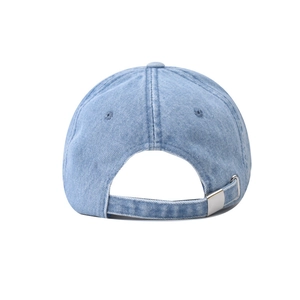 Detailed view of the vintage washed denim baseball cap with adjustable metal back buckle