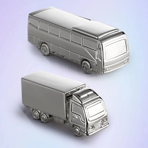 Creative silver metal bus and van keychain charms in a polished miniature vehicle design