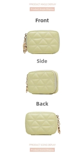 Three-sided view of a light green quilted makeup pouch with gold metal zipper and key ring