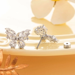 Sparkling butterfly stud earrings with zircon crystals and titanium screw back closure