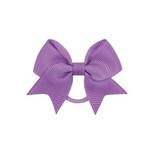 Detailed close-up of a purple grosgrain ribbon bow with a high-elastic hair tie