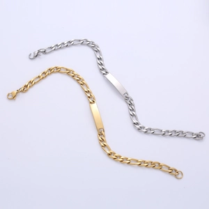 Unisex stainless steel blank bar bracelets in gold and silver finishes on white background