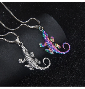 Detailed close-up of hip-hop crocodile pendants in silver and rainbow metallic finishes