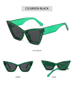 Detailed views of translucent green cat eye sunglasses with unique black striped texture