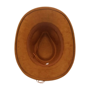 Detailed interior of a brown faux suede cowboy hat with sweatband and adjustable drawstring