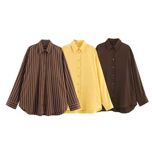 Loose fit long sleeve shirts with lapel collar in brown stripes, yellow, and dark brown