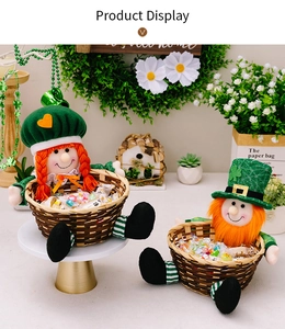 Macro shot of St. Patrick's Day candy basket with gnome doll and hand-woven bamboo texture