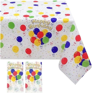 Close-up of colorful balloon pattern on white disposable Happy Birthday plastic tablecloth