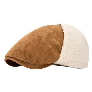 Winter brown suede newsboy cap with warm white faux shearling lining for men and women