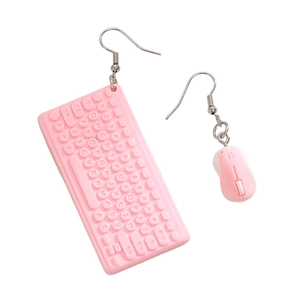 Detailed view of creative pink keyboard and mouse asymmetrical drop earrings for women