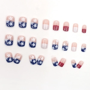 Glitter red and blue American flag press-on nails with white stars and stripes design