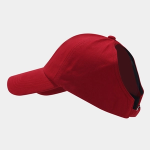 Detail of red ponytail baseball cap showing the large rear opening for high hairstyles