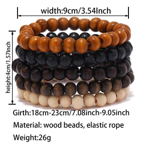 Detailed size chart for handmade beaded bracelet with wood beads and elastic rope measurements