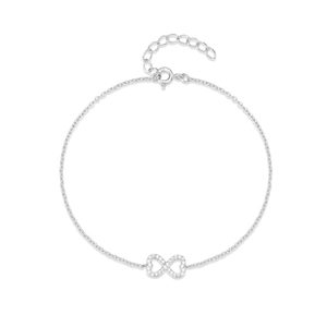 Detailed macro view of S925 silver infinity bracelet featuring sparkling zircon stones