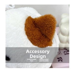 Close-up of fluffy white cat plush bag showing soft texture and high-quality zipper detail