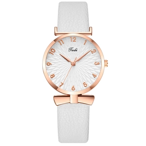 Women's quartz watch with white leather strap, rose gold case, and floral dial texture