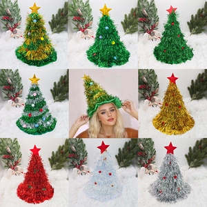 Green Christmas tree party hat with colorful plush balls and top star in various colors