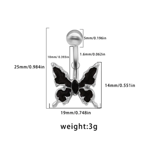 Tableau des tailles détaillé d'un piercing nombril avec papillon noir en métal