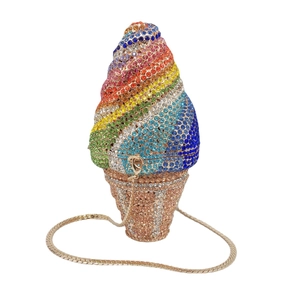 Rainbow rhinestone ice cream clutch with champagne gold cone and metal chain strap