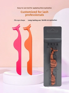 Detail showing false eyelash applicator tool usage guide and colorful tweezers set