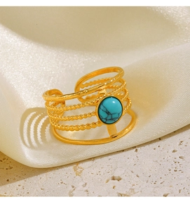 Detailed view of gold multi-layer ring with turquoise stone on stone and silk display