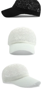Detailed close-up of hollow out lace crochet baseball caps in black and white colors